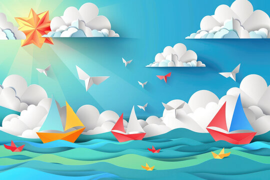 colorful paper origami birds flying over the ocean with boats and clouds on blue background
