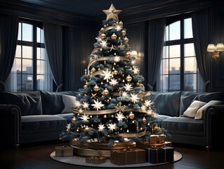 Christmas tree in the interior of the living room. 3d illustration
