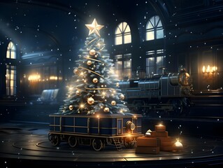 Christmas tree and train in the train station. 3d illustration.