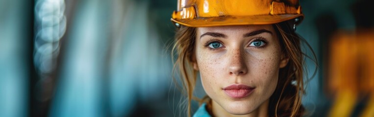 A woman wearing a hard hat and blue shirt in an industrial setting - Powered by Adobe