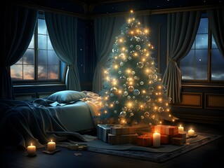 Christmas tree in the bedroom with gifts and candles. 3d illustration