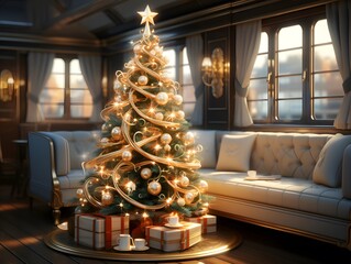 Christmas tree in the living room with gifts. 3d illustration.