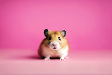'background left hamster funny copy pink space syrian cute bright animal baby brown closeup comic comical domestic expression hind humor humorous isolated leg little look paw pet pastel rodent to sit' - obrazy, fototapety, plakaty