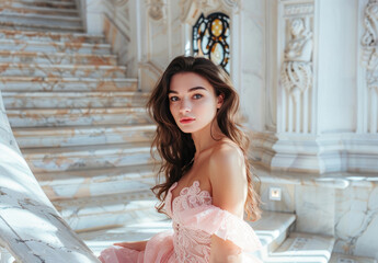 A photo of the most beautiful young woman in her mid-twenties wearing an elegant peach pink dress,...