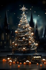 Christmas and New Year holiday background. Christmas tree with golden decorations on dark background