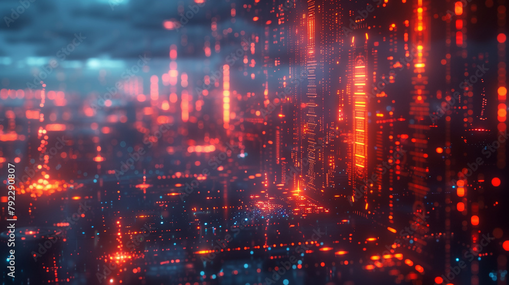 Poster 3d rendering of red and orange glowing data flowing through the city, abstract digital landscape bac