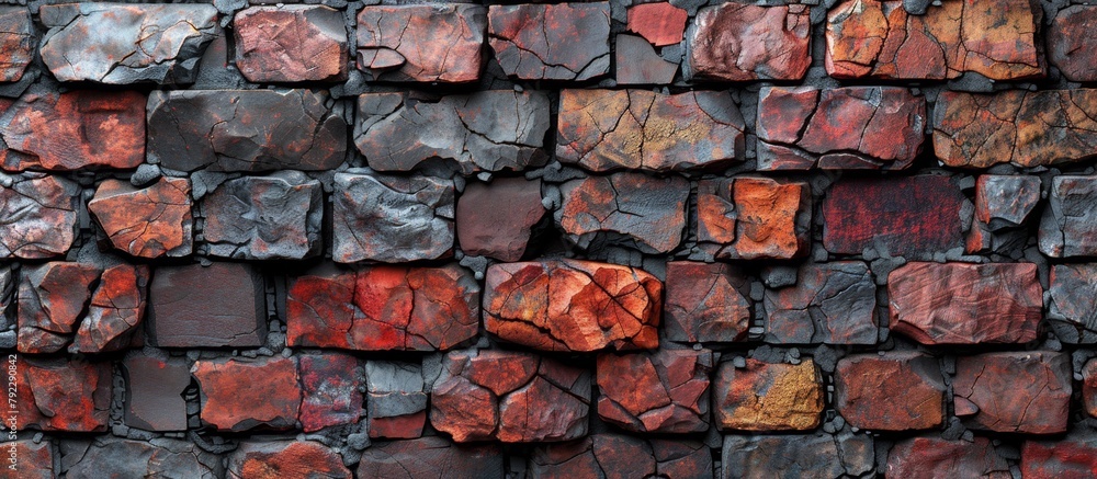 Poster detailed view of a wall constructed with red and black bricks, showcasing the intricate pattern and 