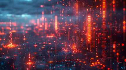 3D rendering of red and orange glowing data flowing through the city, abstract digital landscape background cyberpunk style