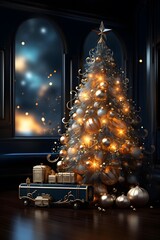 3d render of christmas tree with presents and lights in dark room