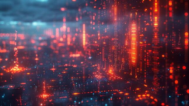 3D rendering of red and orange glowing data flowing through the city, abstract digital landscape background cyberpunk style