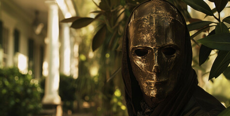 A mysterious stranger with a bronze mask covering their face approaches the grand entrance of the plantation house their presence shrouded in mystique. . - obrazy, fototapety, plakaty