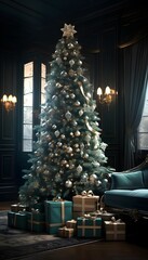 Christmas tree with presents in classic interior. 3d render illustration.