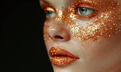 Vibrant lipstick and sparkling glitter adorn the closeup of a woman's lips