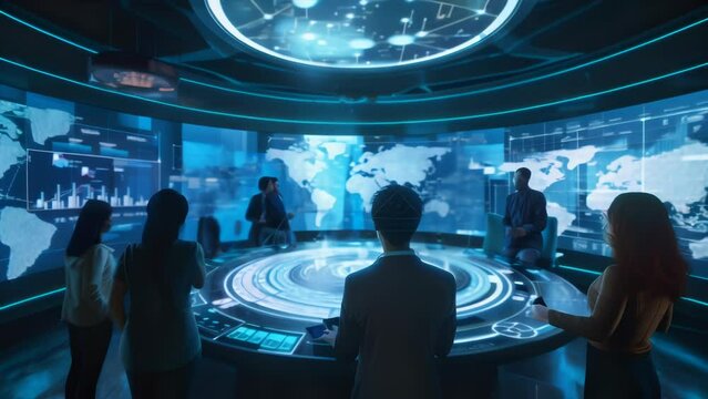In an interactive exhibition space, visitors gather around a futuristic globe display. 