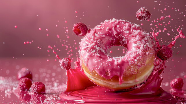Flying donut, donut fall on pink background. Sweet doughnut with sprinkel.