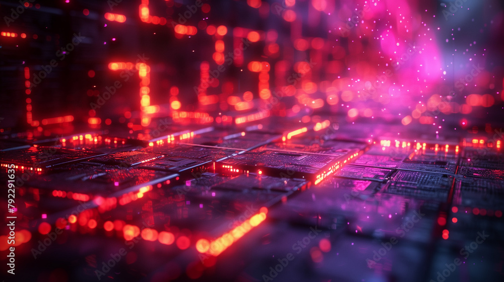 Poster abstract background with glowing neon red and pink lights on a circuit board texture, dark backgroun