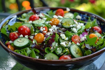 A colorful salad full of leafy greens. Cherry tomatoes, cucumber and crumbled feta cheese