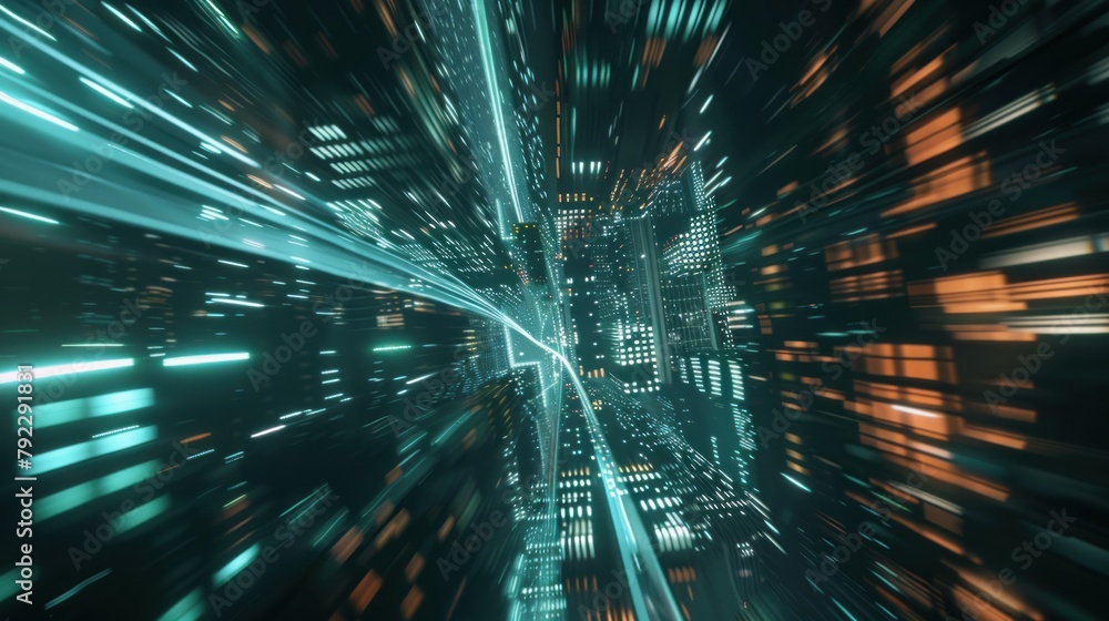 Poster rendering of warp speed in hyper loop with blur light from buildings' lights in mega city at night a
