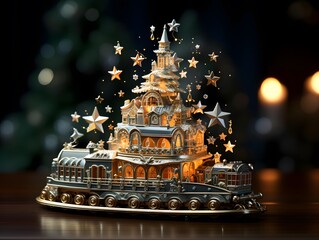 3d illustration of christmas cake with christmas tree and snowflakes