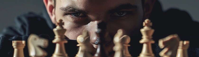 A chess players focused gaze on a pawn, depicting the intensity and strategic nuances of the game - obrazy, fototapety, plakaty