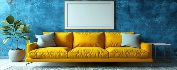 Vibrant yellow sofa against a matte blue wall