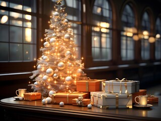 Christmas tree and gifts on a wooden table. 3d rendering.