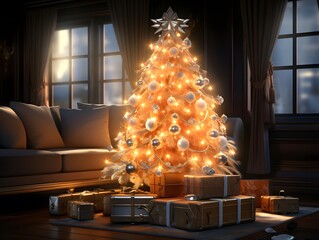 Christmas tree with gifts in the living room. 3d illustration.