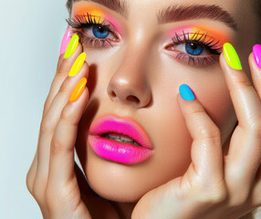 A beautiful woman with long black lashes, bright pink lips and colorful nails is holding her hand near the eye area