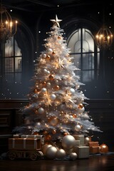 Christmas tree and presents in a room with a large window. 3D rendering