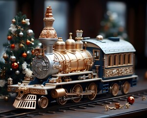 Toy train on the background of the Christmas tree. 3d render