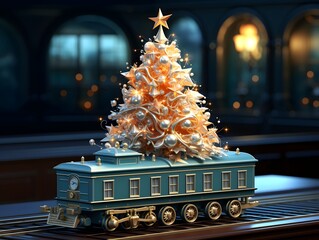 3D rendering of a train with christmas tree in the background