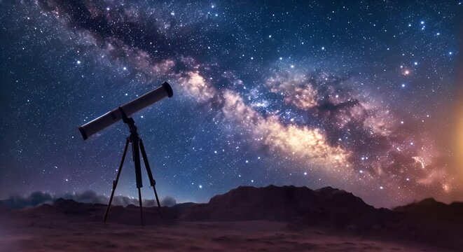 A view of the night sky with a large telescope in the foreground.