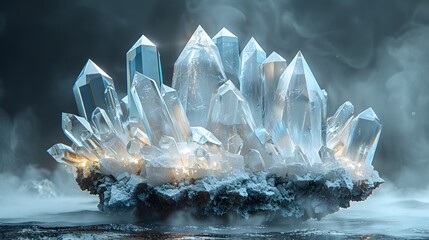 Mystical Translucent Crystals with Sharp Edges Emerging from Snow-Covered Rocky Base in Misty Ethereal Background