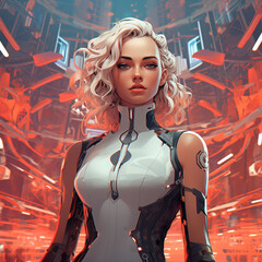A confident smirk set within a background of futuristic, technological patterns