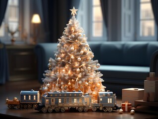 Christmas tree and toy train with lights in the living room. 3d rendering