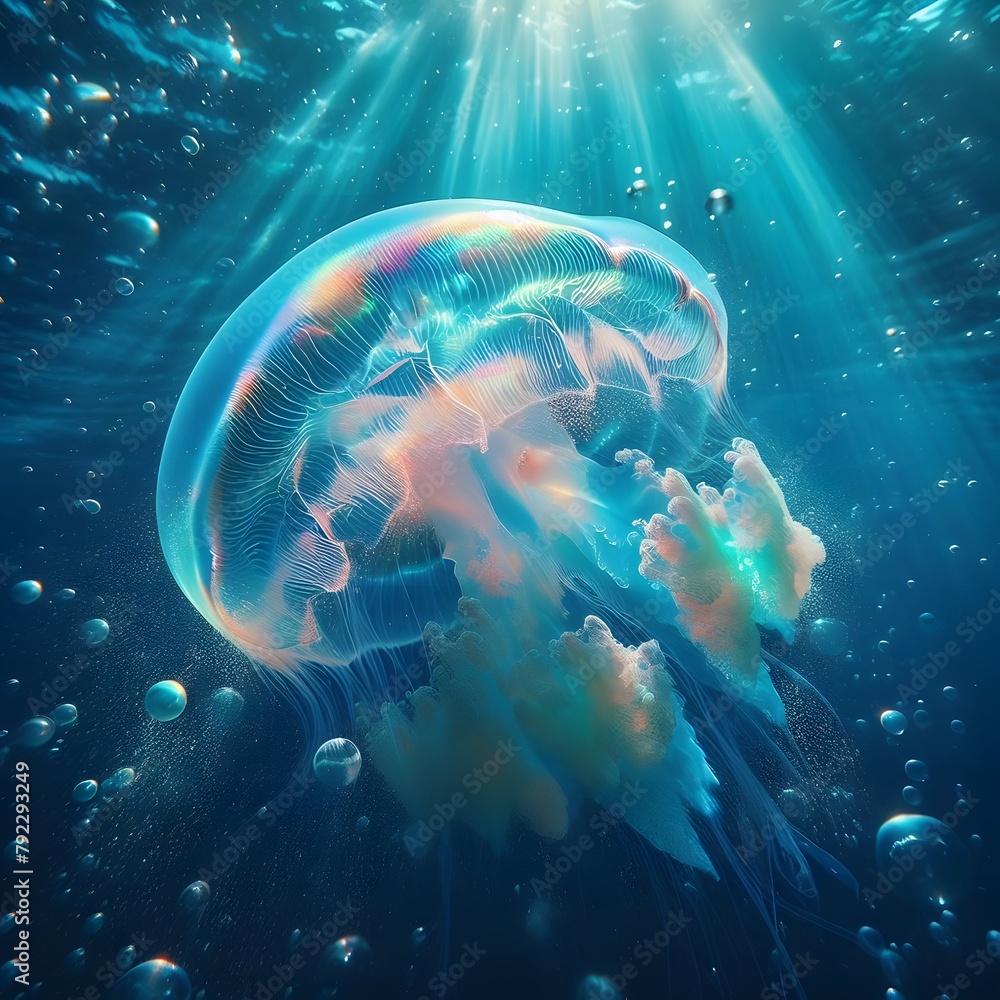 Aufkleber jellyfish floating in water. 3d rendering. underwater world generated by ai