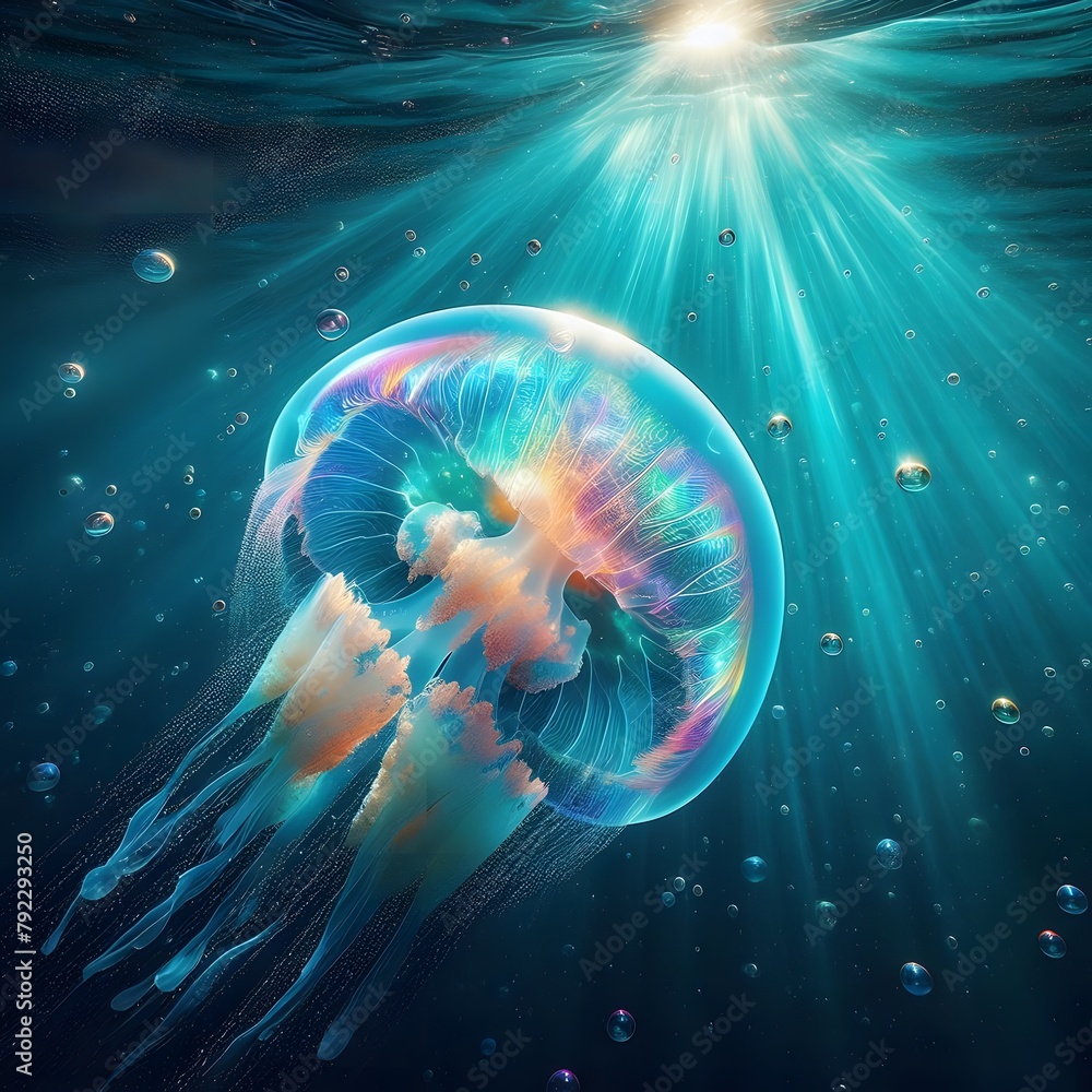 Aufkleber jellyfish floating in water. 3d rendering. underwater world generated by ai
