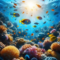 Underwater view of tropical coral reef with fishes and bright sun generated by ai