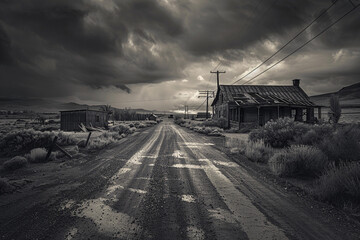 Cinematic Ghost Town exploration, monochrome, decaying structures, eerie open spaces, barren landscapes, long-exposure, moody sky, fading walls, desolate streets detail  - obrazy, fototapety, plakaty
