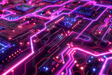 Circuit board design inspired by Artificial Intelligence with glowing, neon lines