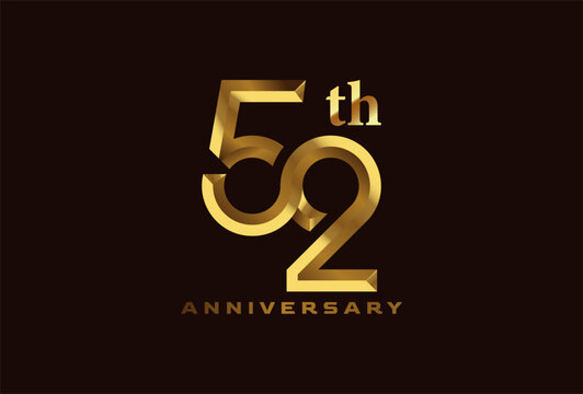 Golden 52 year anniversary celebration logo, Number 52 forming infinity icon, can be used for birthday and business logo templates, vector illustration