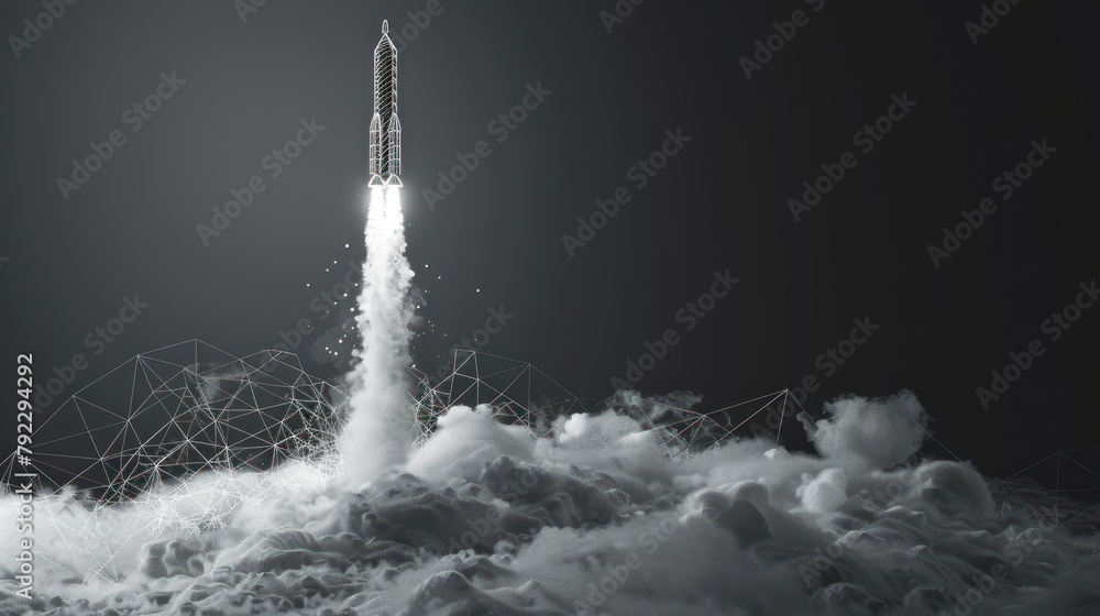 Poster rocket from the earth with clouds of smoke. low poly style design. abstract geometric background ai 