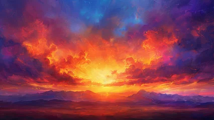 Fotobehang Vibrant Sunset Over Mountainous Landscape Painting © Thitiporn