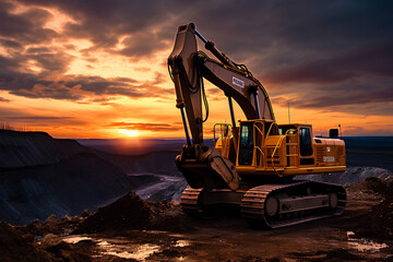 mining excavator is digging, modern technology - obrazy, fototapety, plakaty
