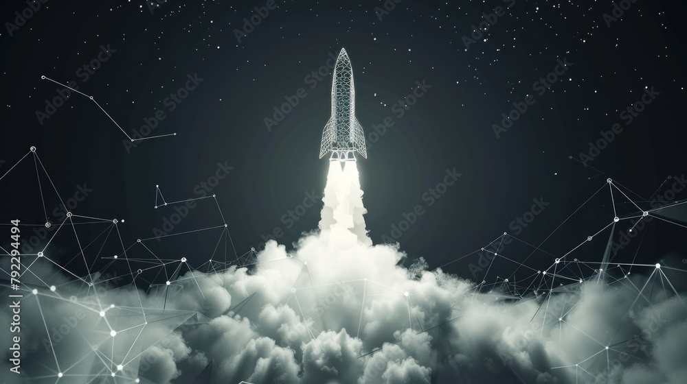 Poster rocket from the earth with clouds of smoke. low poly style design. abstract geometric background ai 