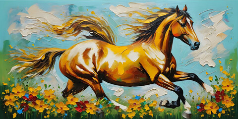 Landscape abstract oil painting running horse with gold and colorful flowers with blue sky and green grass, knife painting, paint spots and strokes. Large stroke oil painting
