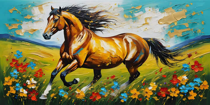 Landscape abstract oil painting running horse with gold and colorful flowers with blue sky and green grass, knife painting, paint spots and strokes. Large stroke oil painting