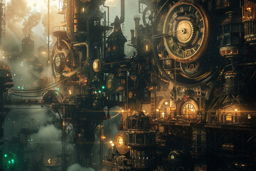 Clockwork scene in a steampunk world, intricate gears and steam mechanisms powering a retro fantasy city