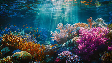An underwater view of a coral reef, the sunlight filtering through the water and illuminating the vibrant colors of the coral. 32k, full ultra hd, high resolution