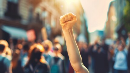 Protester's Raised Fist in Close-up, Demonstrations in Background